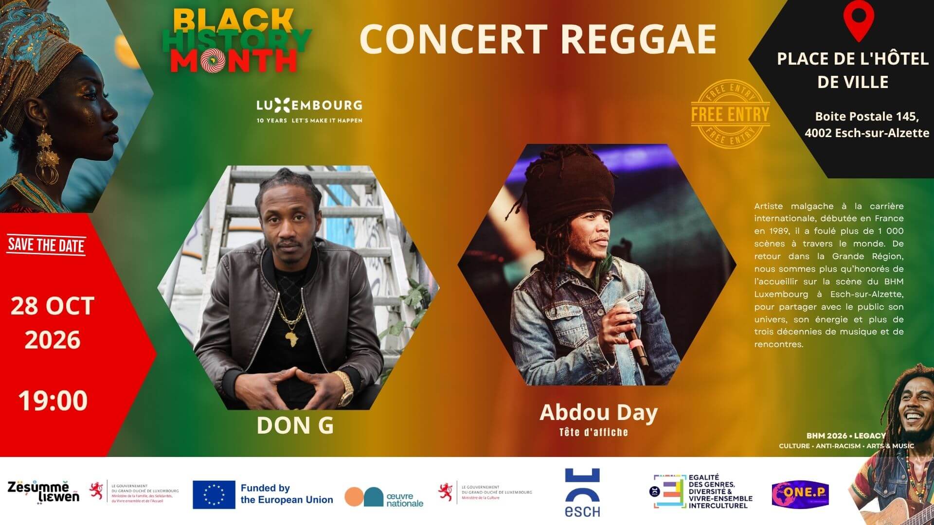 Concert Reggae- Abdou Day et DON G; Black History Month Luxembourg 2026; Antiracisme Luxembourg